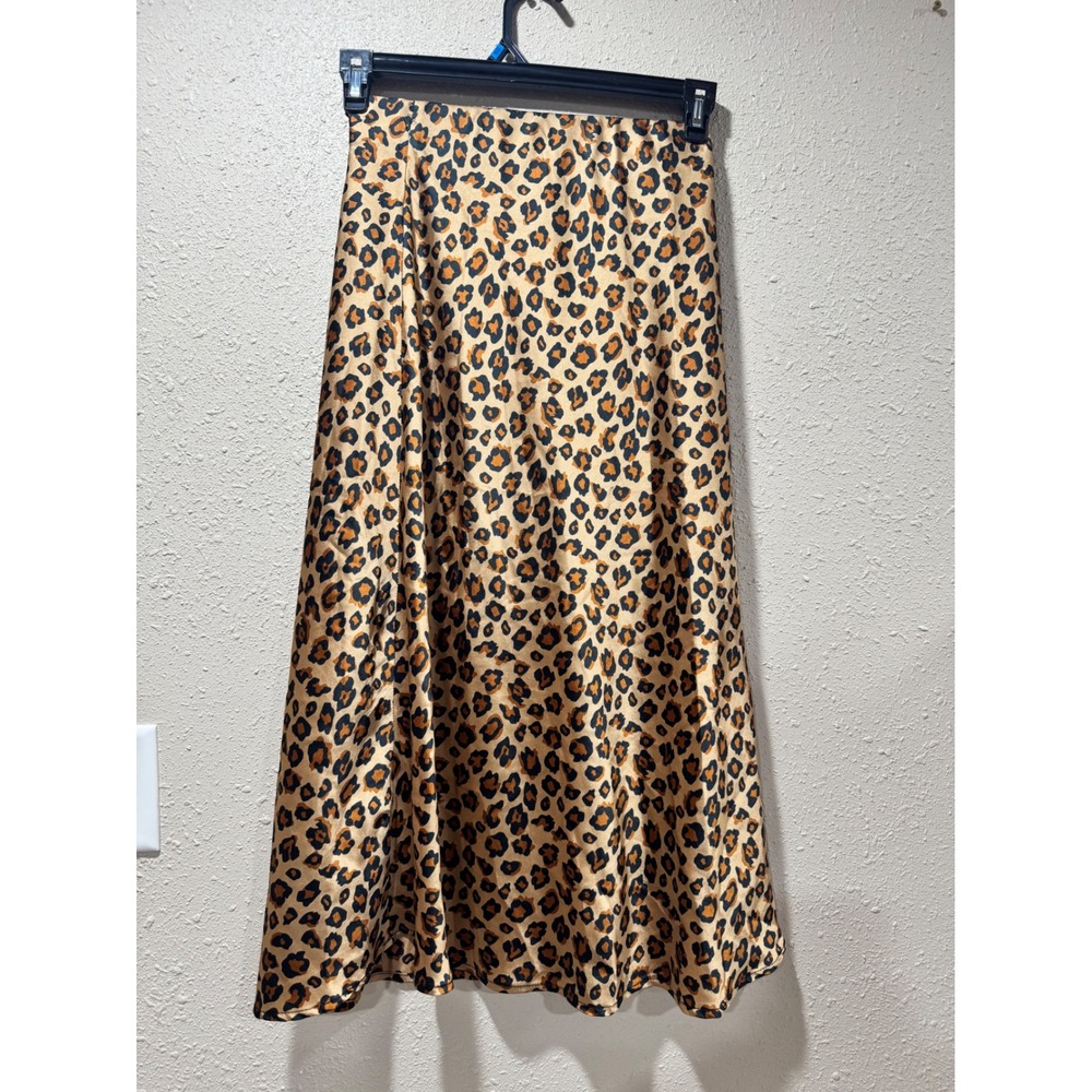 Leopard Print Satin Midi Skirt High Waisted Animal Print Brown Tan Black